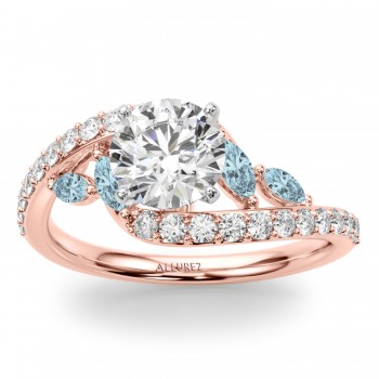 Swirl Design Diamond & Marquise Aquamarine Bridal Ring Set 18K Rose Gold (0.96ct)